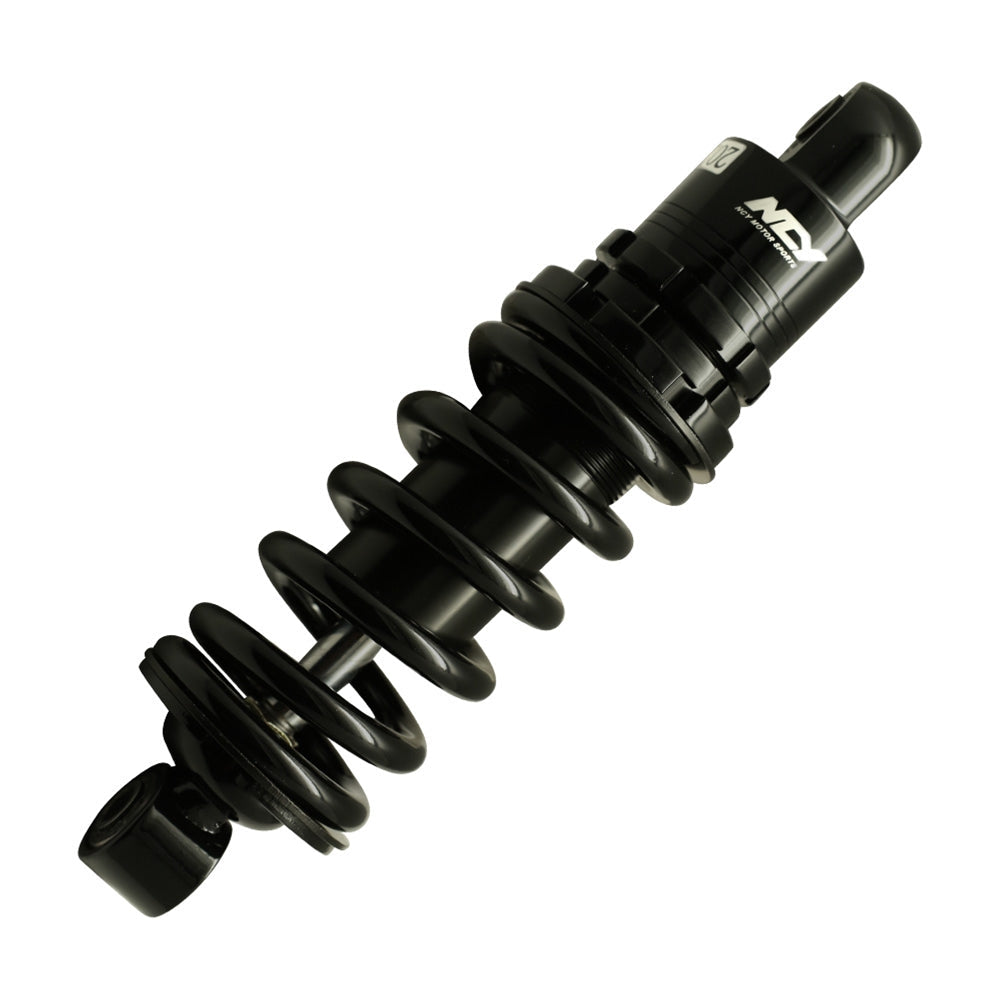 NCY adjustable rear coilover shock for Honda Grom, angled view of the preload collar and black spring