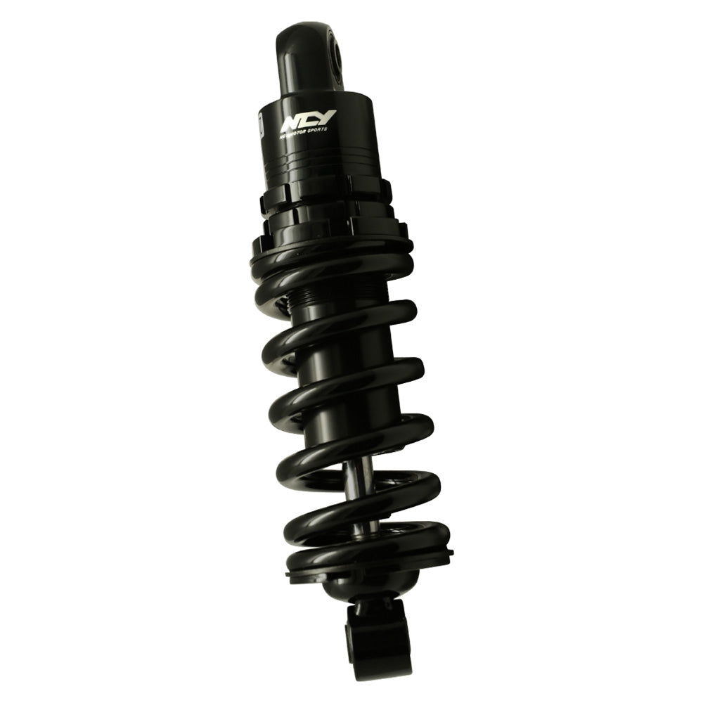 NCY Grom rear shock, full side view showing the black spring and mounting eyes